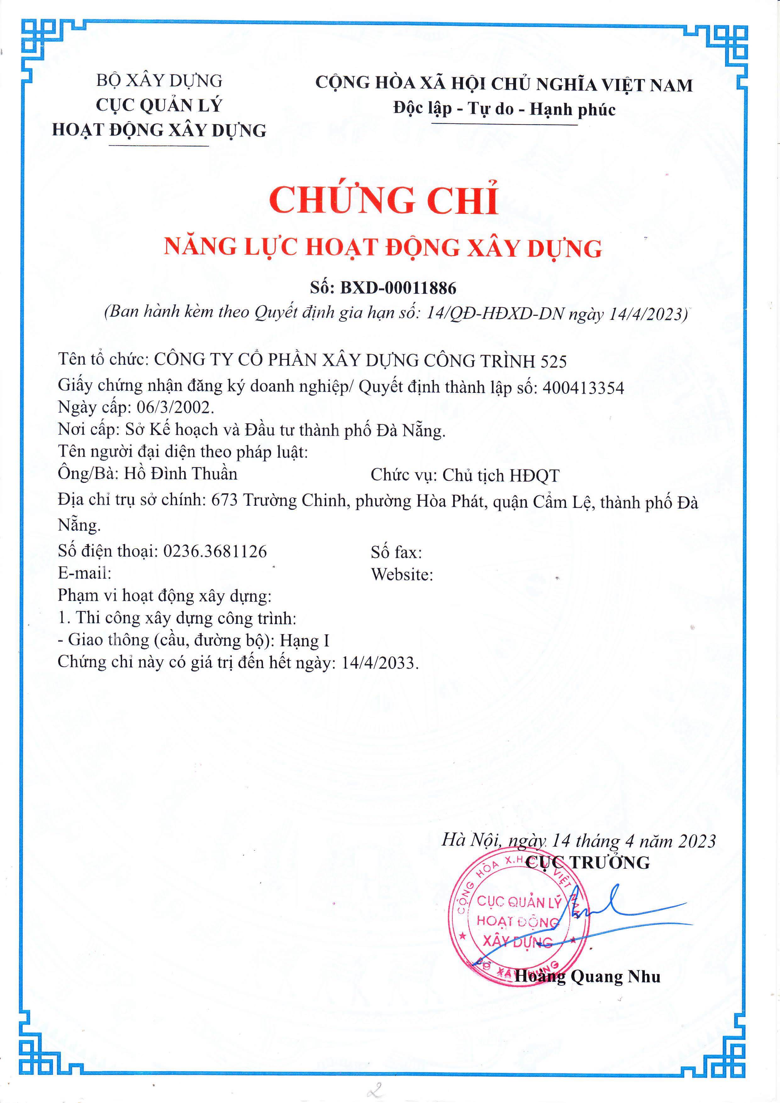 Chứng chỉ năng lực hoạt động xây dựng 525 - BXD-00011886