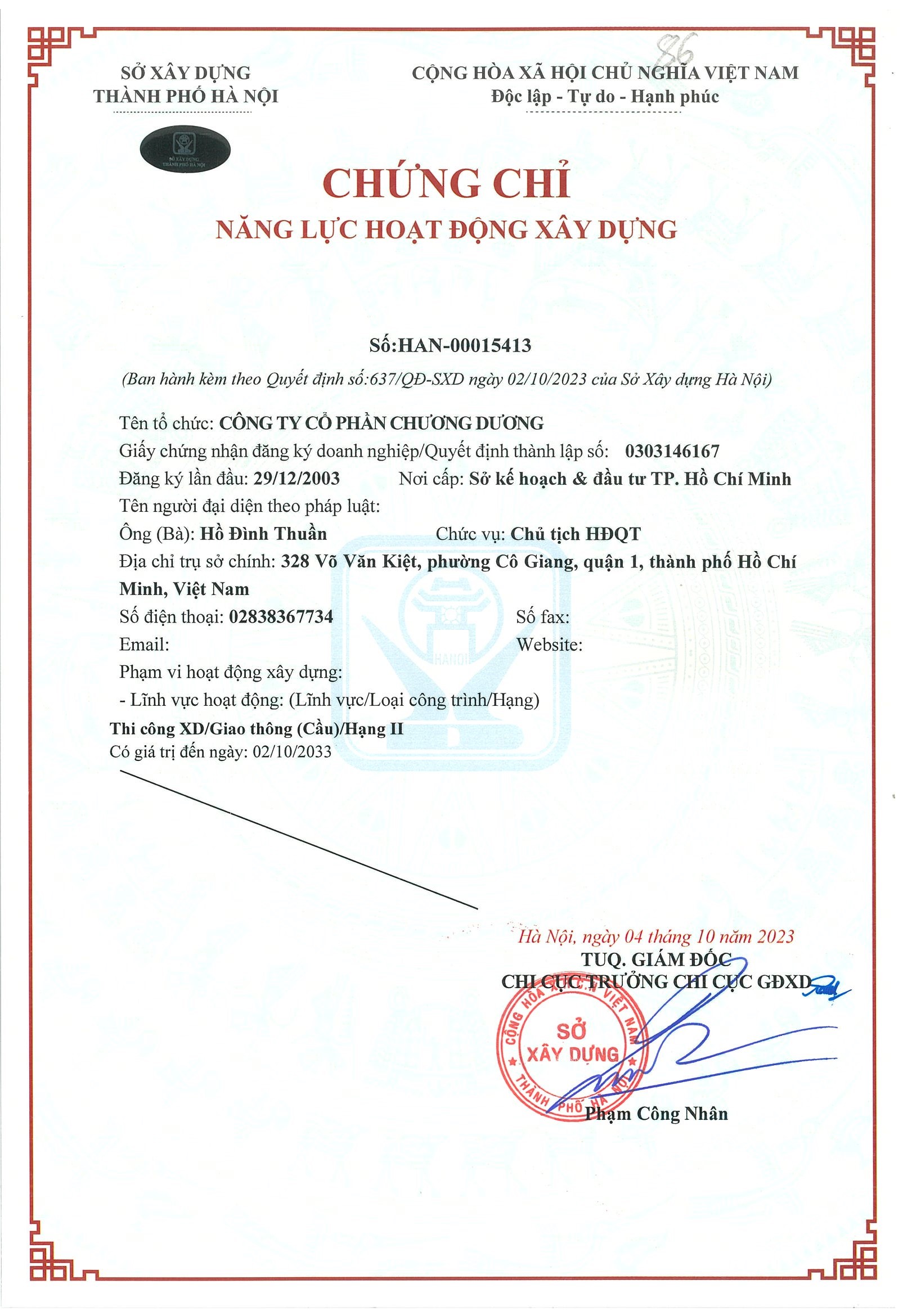 Chứng chỉ NLHĐXD HAN-00015413 - XD Cầu hạng II